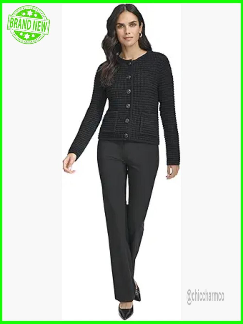 Long Sleeve Button Front Tweed Sweater with Pockets